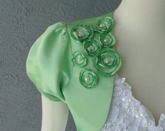 Wedding Bridal Celery Or Kelly Green Bolero Shrug With Flowers and Rhinestones