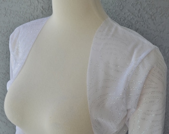 Wedding Bolero Shrug 3/4 Sleeves White Stretch Mesh with Silver Glitter Print