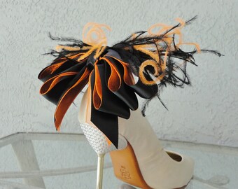 Wedding, Bridal, Sexy Black And Orange Satin Ribbon Bow And Ostrich Feather Shoe Clips