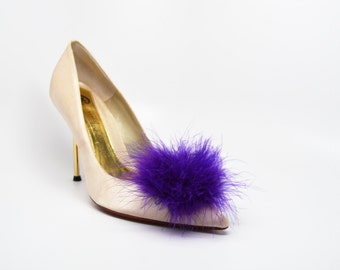 Detachable Feather Puff Pom Pom Shoe Clips  Set of Two Purple