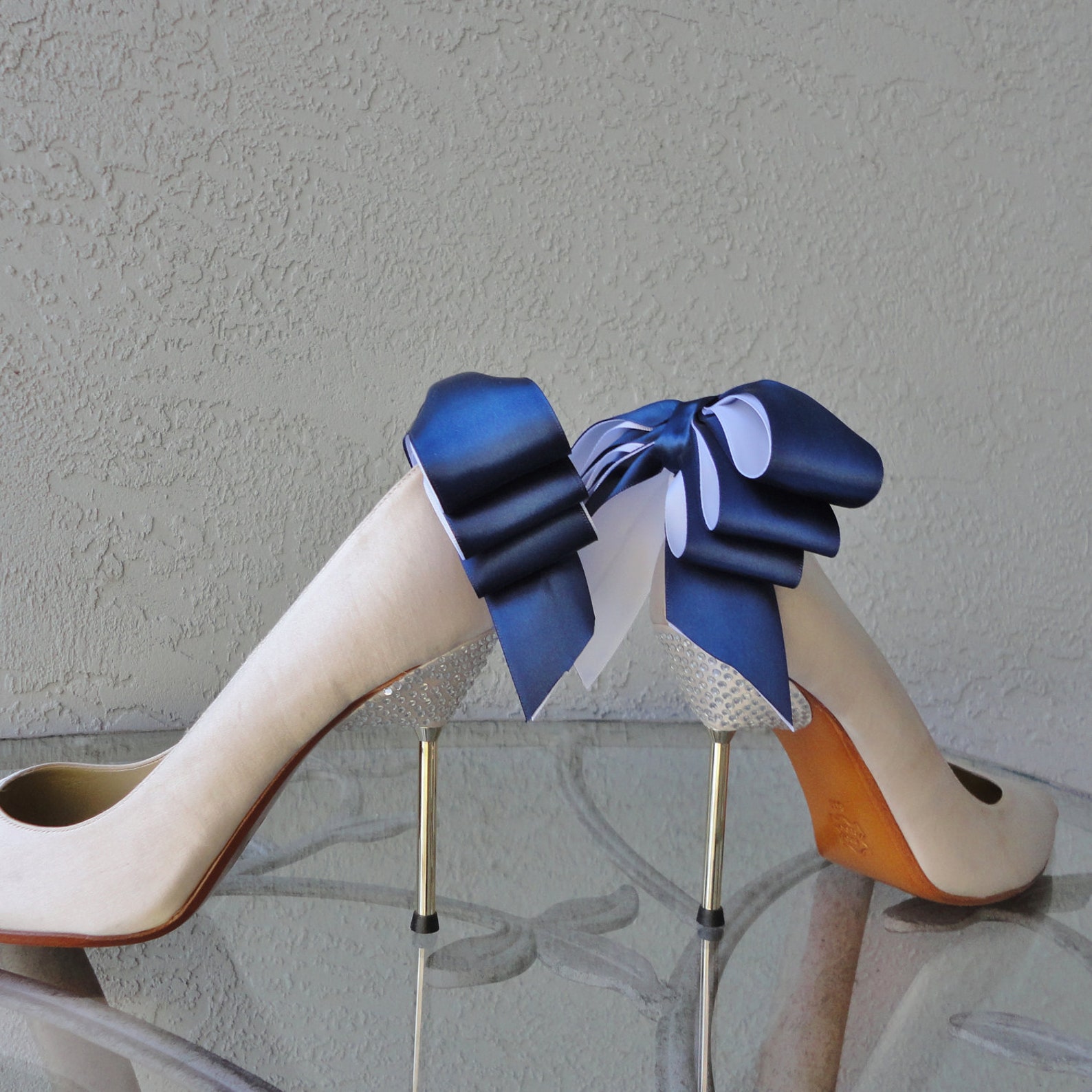 Bridal Party Wedding Navy Blue and White Satin Ribbon Bow Shoe - Etsy