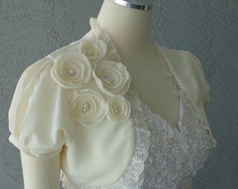 Wedding Bolero Shrug Ivory Satin With Faux Pearls And Lace Trim All Sizes Available