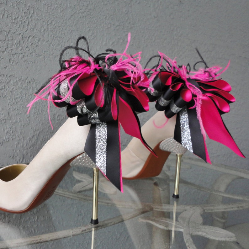 Bridal Party Wedding Black Hot Pink And Glitter Satin Ribbon Bow With Feather Shoe Clips Set Of Two image 1
