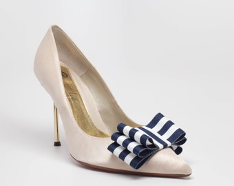 Nautical Stripes Navy and White Ribbon Bow Shoe Clips Set Of Two, More Colors Available