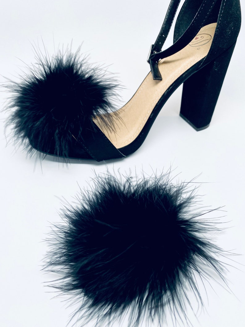 Detachable Feather Puff Pom Pom Shoe Clips Set of Two Black image 2