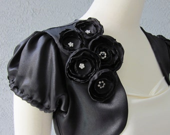Black Satin Bolero Shrug With Flowers and Beads  Made to Order All Sizes Available
