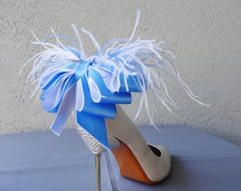 Something Blue Bridal Shoe Clips Blue And White Satin Ribbon Bow And Feather