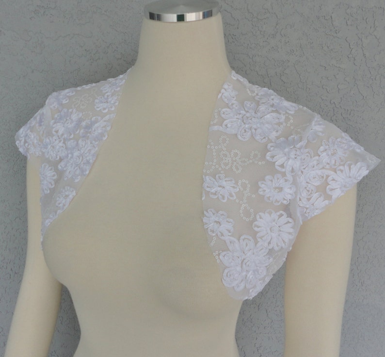 Bridal Wedding Bolero Shrug David Tutera White Mesh Fabric Ribbon Rose And Sequins image 3