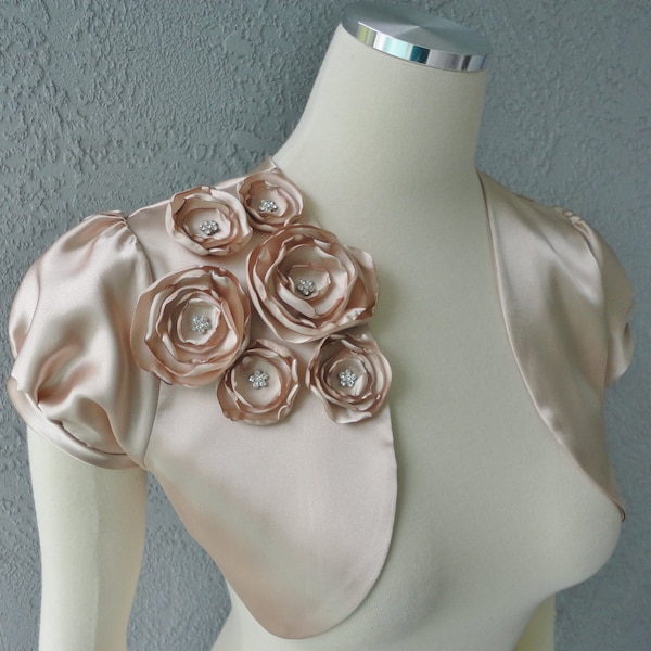 Wedding Bridal Champagne  Satin Bolero Shrug With Flowers and Rhinestones All Sizes Available and More Colors