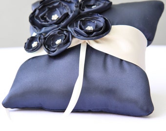 Wedding Navy Blue And Ivory Satin Ring Bearer Pillow More Colors Available