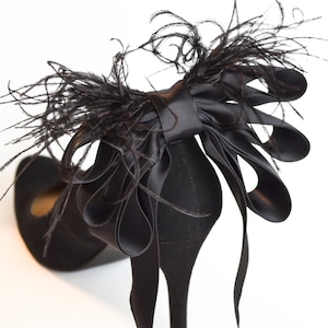 Bridal Party Wedding Black Satin Ribbon Bow And Feather Shoe Clips Set Of Two