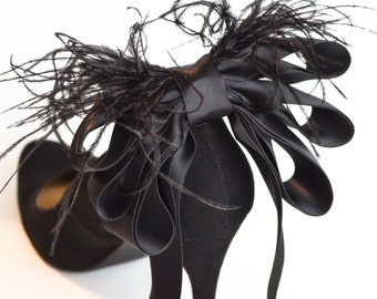 Bridal Party Wedding Black Satin Ribbon Bow And Feather Shoe Clips Set Of Two