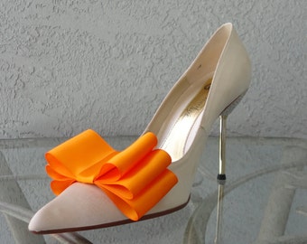 Tangerine Satin Ribbon Bow Shoe Clips Set Of Two, More Colors Available