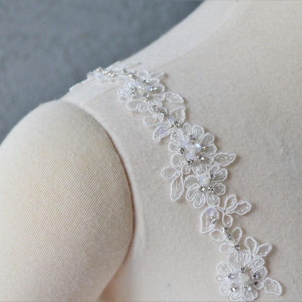 Detachable Ivory or White Beaded Corded Lace Straps Add to your Wedding Dress it Can be Customize Set of 2