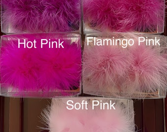 Shades of Pink Detachable Feather Puff Pom Pom Shoe Clips  Set of Two Orchid Barbie Hot Flamingo and Soft Pink