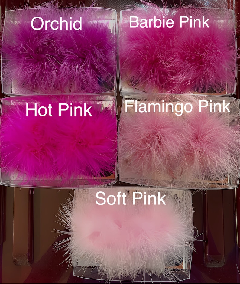 Shades of Pink Detachable Feather Puff Pom Pom Shoe Clips Set of Two Orchid Barbie Hot Flamingo and Soft Pink image 1