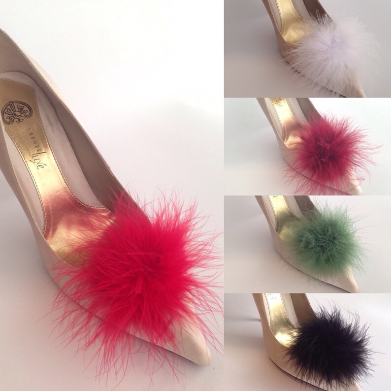 Feather Puff Pom Pom Shoe Clips Set of Two Red Green Navy White Burgundy Grey Black image 3