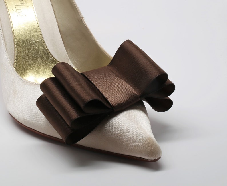 Brown Satin Ribbon Bow Shoe Clips Set Of Two, More Colors Available image 2