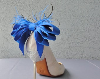 Royal Blue Bridal Shoe Clips Satin Ribbon Bow And Feather