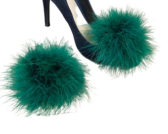 Dark Green Detachable Feather Puff Pom Pom Shoe Clips  Set of Two