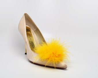 Detachable Feather Puff Pom Pom Shoe Clips  Set of Two Yellow