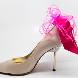 Bridal Formal Sexy Shoe Clips Hot Pink And Silver Satin Ribbon Bow And Feather More Colors Available image 3