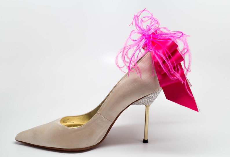 Bridal Formal Sexy Shoe Clips Hot Pink And Silver Satin Ribbon Bow And Feather More Colors Available image 3
