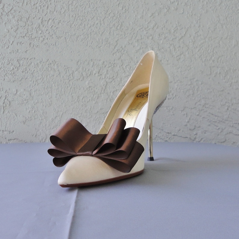 Brown Satin Ribbon Bow Shoe Clips Set Of Two, More Colors Available image 4