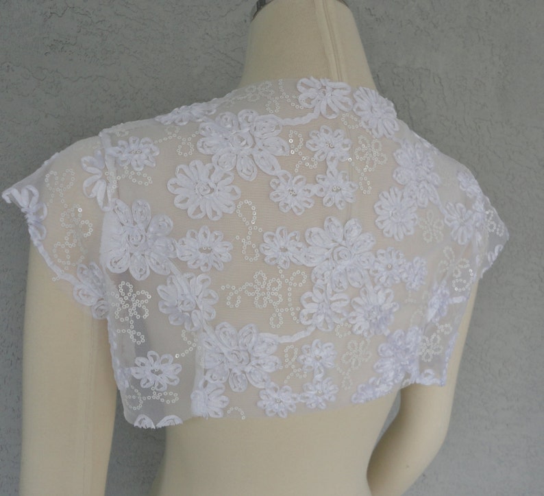 Bridal Wedding Bolero Shrug David Tutera White Mesh Fabric Ribbon Rose And Sequins image 4