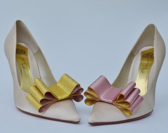 Two Tone Satin Ribbon Bow Shoe Clips Gold and Dusty Pink Set of Two, More Colors Available