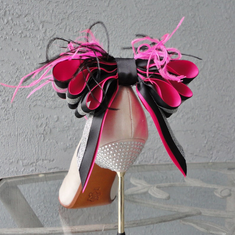 Bridal Party Wedding Black Hot Pink And Glitter Satin Ribbon Bow With Feather Shoe Clips Set Of Two image 5