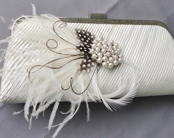 Wedding Formal Ivory Evening Clutch Adorned With Feathers And A Removable Rhinestone Brooch