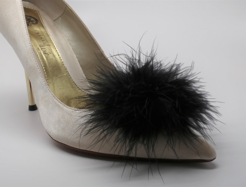 Detachable Feather Puff Pom Pom Shoe Clips Set of Two Black image 5