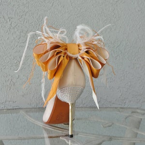 Bridal Party Wedding Burnt Orange And Ivory Satin Ribbon Bow And Feather Shoe Clips Set Of Two More Colors Available image 2