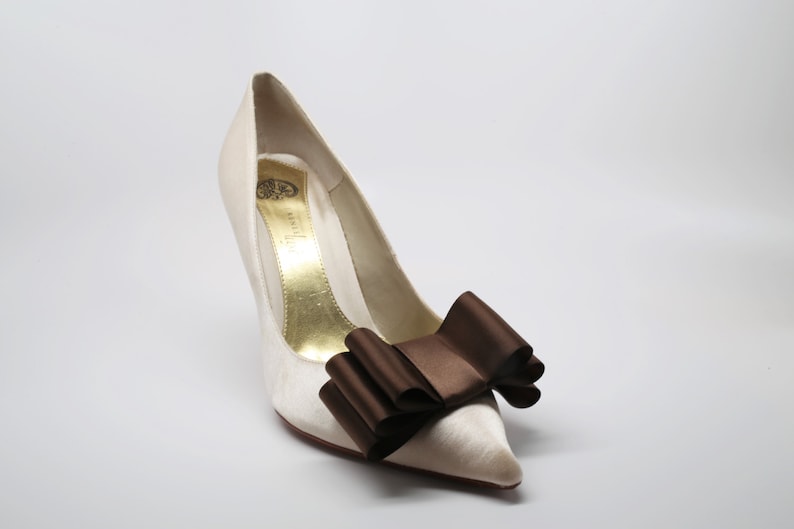 Brown Satin Ribbon Bow Shoe Clips Set Of Two, More Colors Available image 1