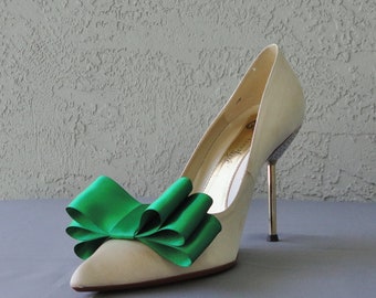 Green Satin Ribbon Bow Shoe Clips Set Of Two, More Colors Available