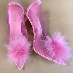 Shades of Pink Detachable Feather Puff Pom Pom Shoe Clips Set of Two Orchid Barbie Hot Flamingo and Soft Pink image 5