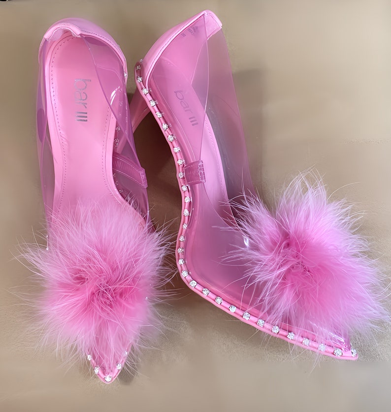 Shades of Pink Detachable Feather Puff Pom Pom Shoe Clips Set of Two Orchid Barbie Hot Flamingo and Soft Pink image 5