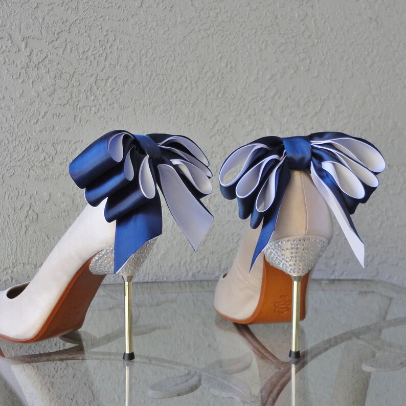 Bridal Party Wedding Navy Blue and White Satin Ribbon Bow Shoe Etsy