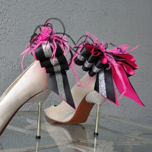 Bridal Party Wedding Black Hot Pink And Glitter Satin Ribbon Bow With Feather Shoe Clips Set Of Two image 4
