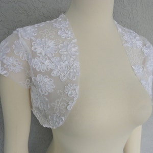 Bridal Wedding Bolero Shrug David Tutera White Mesh Fabric Ribbon Rose And Sequins image 1