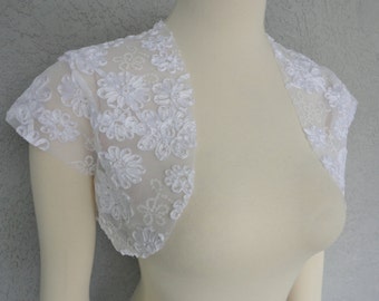 Bridal Wedding Bolero Shrug David Tutera White Mesh Fabric Ribbon Rose And Sequins