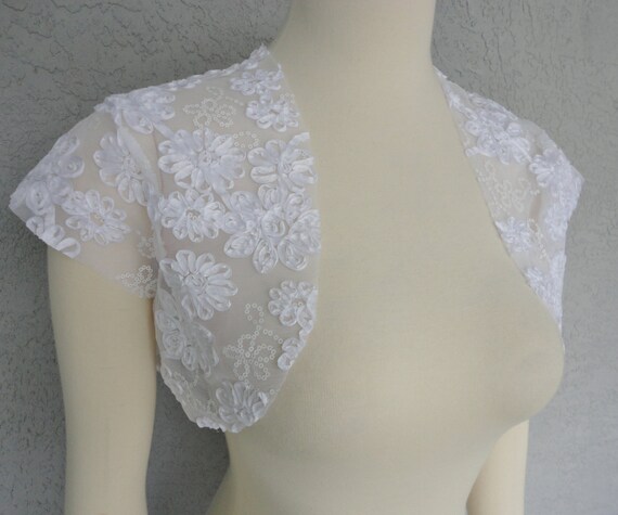 Bridal Wedding Bolero Shrug David Tutera White Mesh Fabric Ribbon