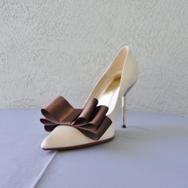 Brown Satin Ribbon Bow Shoe Clips Set Of Two, More Colors Available image 3