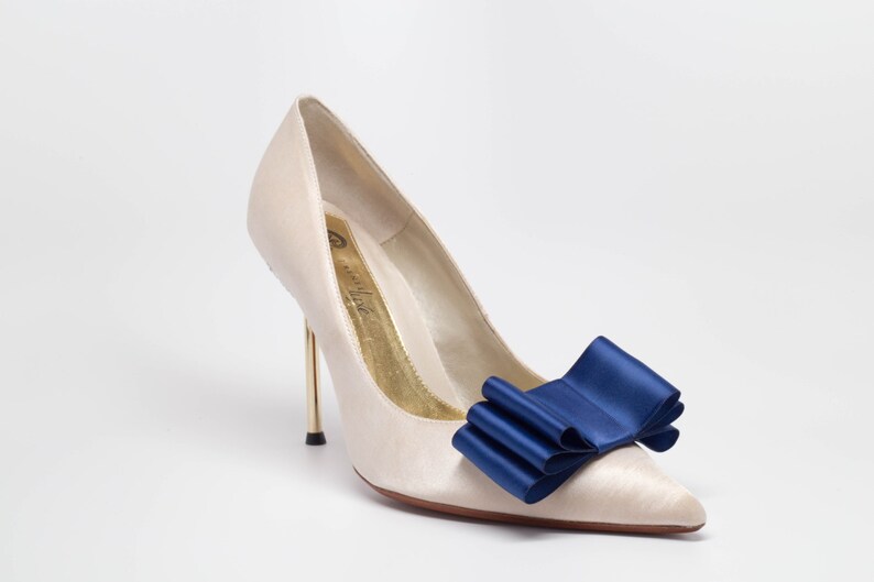Navy Blue Satin Ribbon Bow Shoe Clips Set Of Two More Colors image 1