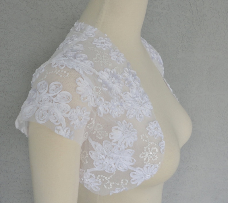 Bridal Wedding Bolero Shrug David Tutera White Mesh Fabric Ribbon Rose And Sequins image 5