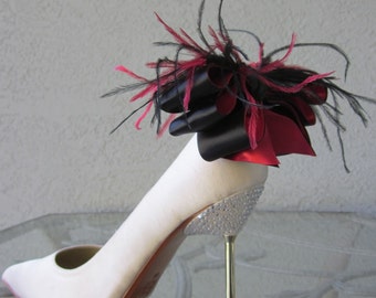 Black And Red Satin Ribbon Bow And Feather Shoe Clips More Colors Available