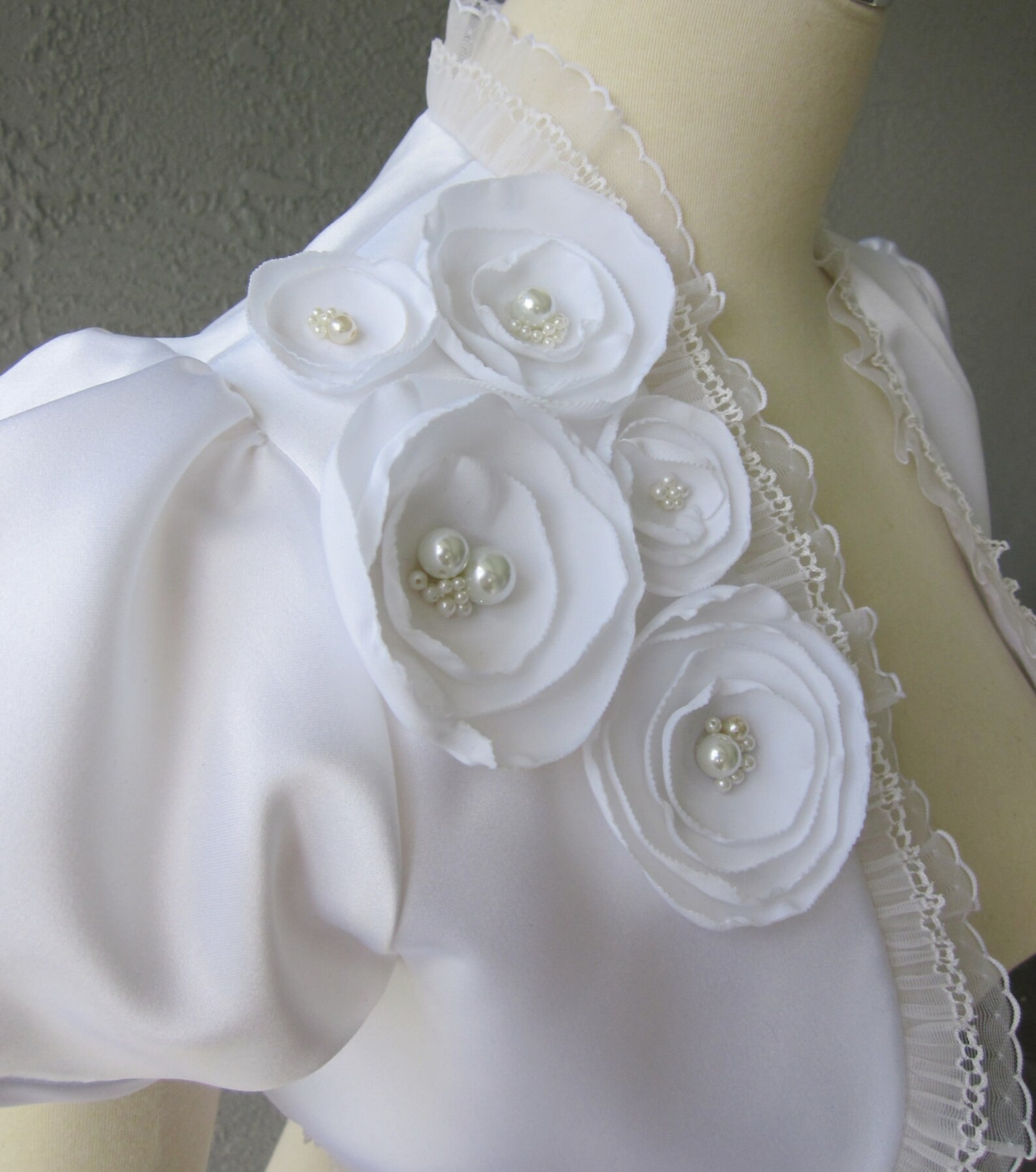Wedding Bolero Shrug White Satin With Faux Pearls and Lace - Etsy