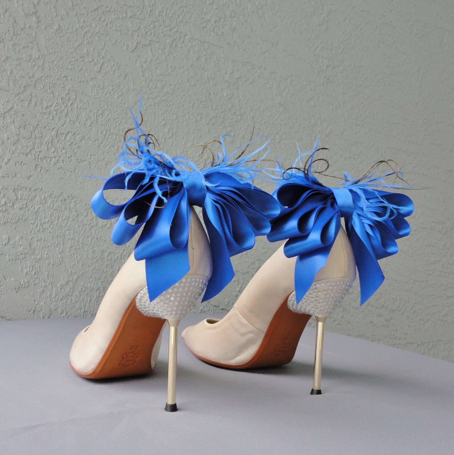 Royal Blue Bridal Shoe Clips Satin Ribbon Bow and Feather Etsy