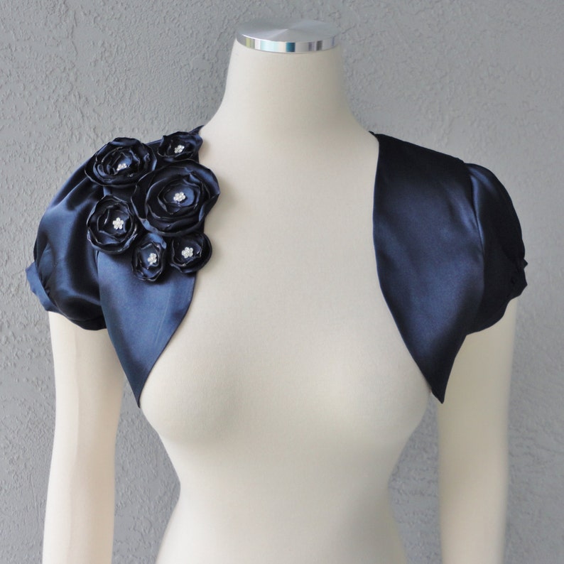 Navy Blue Satin Bolero Shrug With Flowers and Rhinestones All Etsy